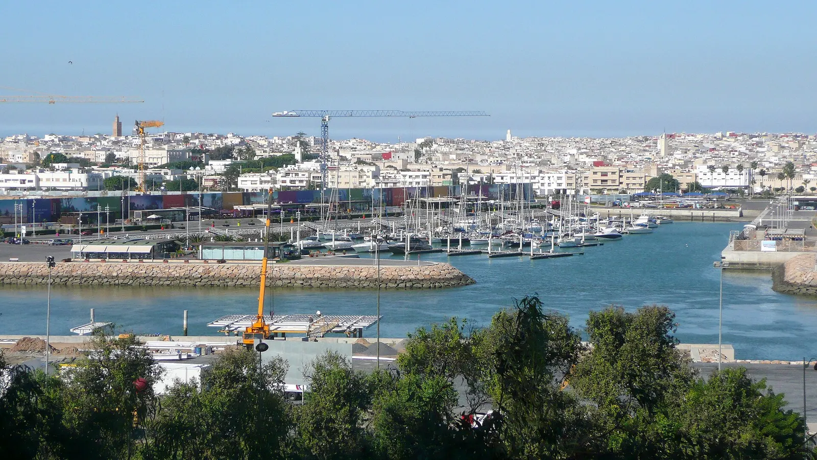 Bouregreg marina in Salé seen from Rabat, with moored boats and the city behind